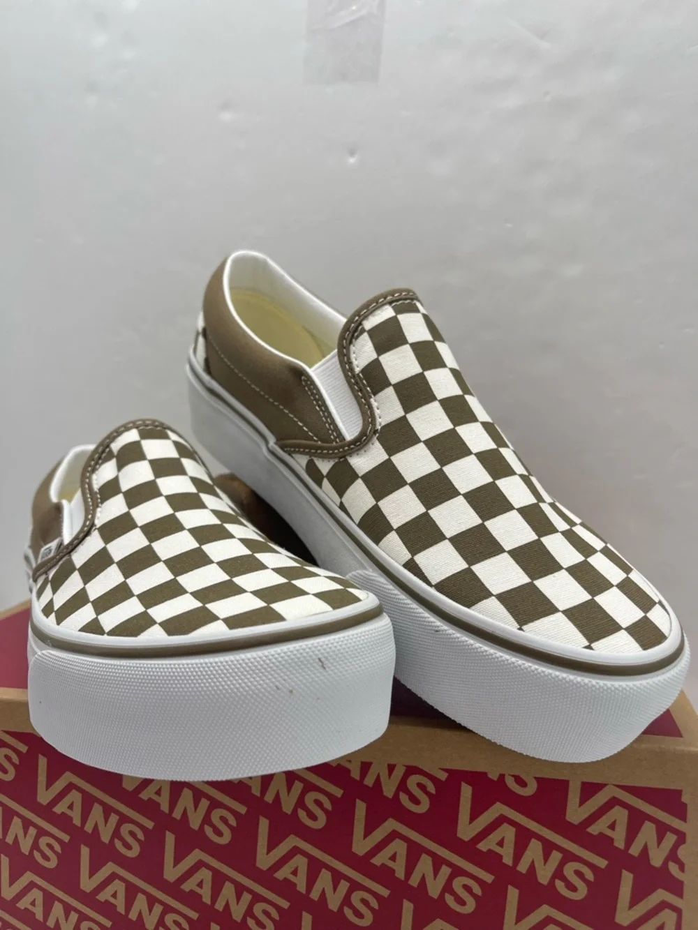 Vans Slip-On Platform Sneakers Checkerboard Sepia Brown VN00018E0E0 New